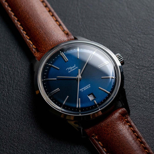 DIY Watchmaking Kit | 38.5mm Mosel with Date - Blue Vintage Dress Watch w/ Brown Strap & Miyota 8215 or 8315