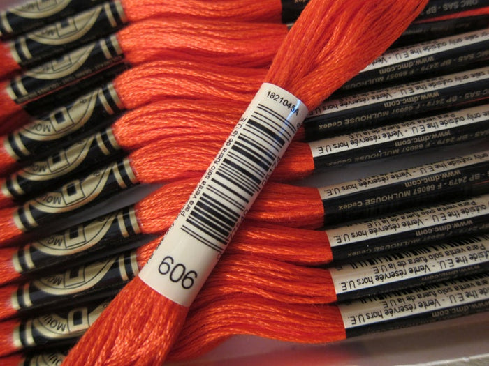 DMC 6 Strand Embroidery Floss Cotton Thread Bulk 606 Bright Orange Red 8.7 Yards 12 Skeins