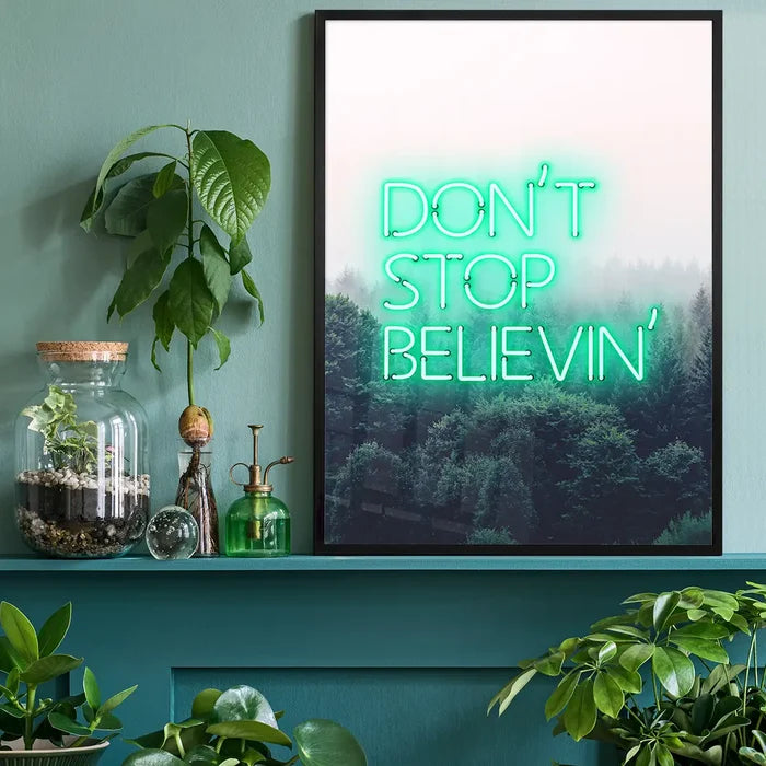 Dont Stop Believing Lyrics Neon Print, typography print black framed on a living room shelf
