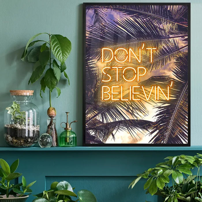 Dont Stop Believing Lyrics Neon Tropical Print, music lyrics print black framed on a living room shelf