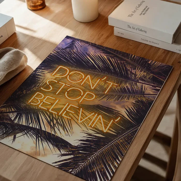 Dont Stop Believing Lyrics Neon Tropical Print, music lyrics print unframed on a home office desk