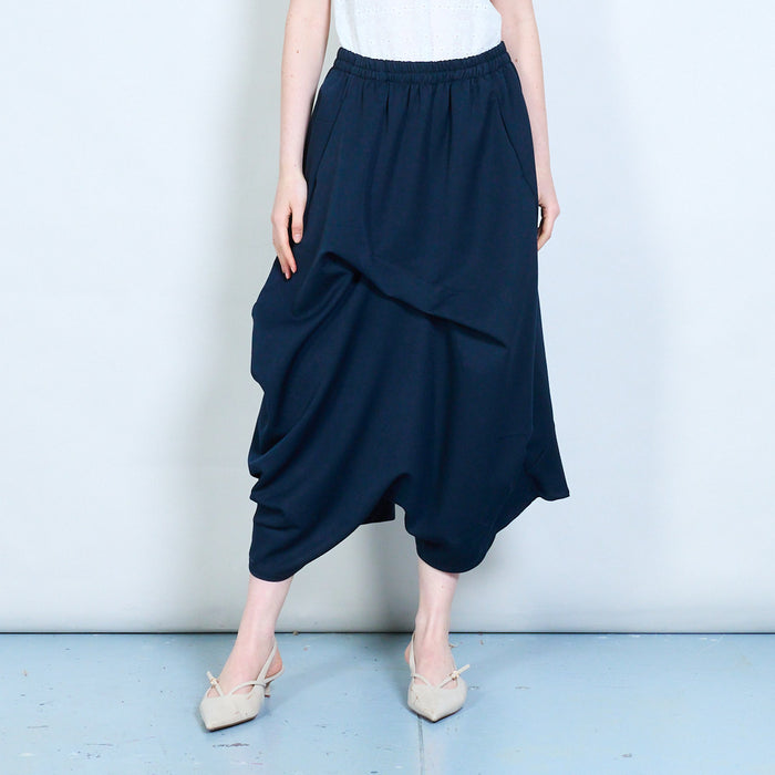 Draped elastic waist asymmetrical loose fit flowy trousers wholesale