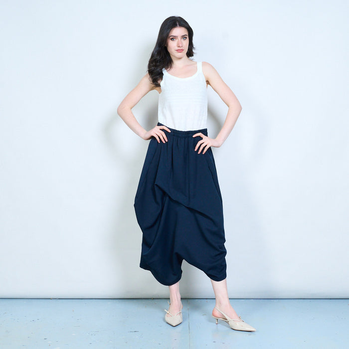 Draped elastic waist asymmetrical loose fit flowy trousers wholesale