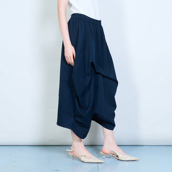 Draped elastic waist asymmetrical loose fit flowy trousers wholesale
