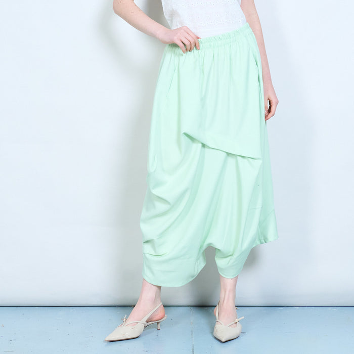 Draped elastic waist asymmetrical loose fit flowy trousers wholesale
