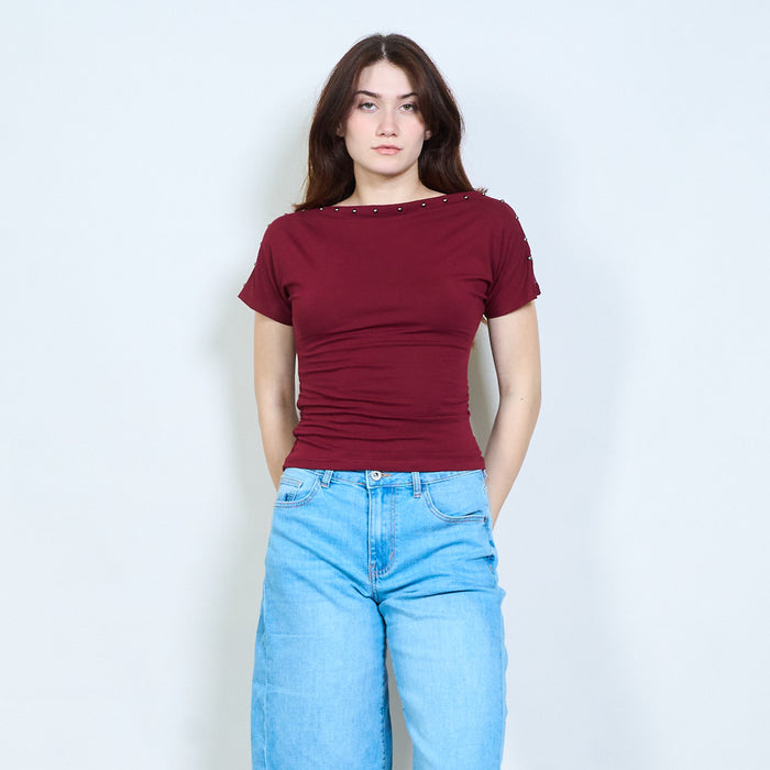 Draped neckline top with stud detail and ruched sides wholesale