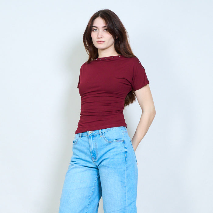 Draped neckline top with stud detail and ruched sides wholesale