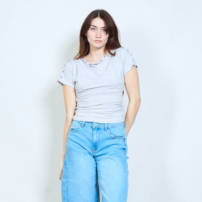 Draped neckline top with stud detail and ruched sides wholesale