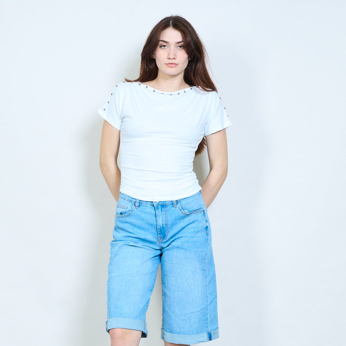 Draped neckline top with stud detail and ruched sides wholesale