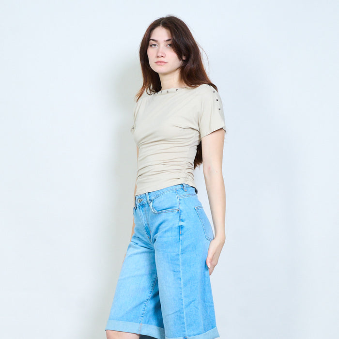 Draped neckline top with stud detail and ruched sides wholesale