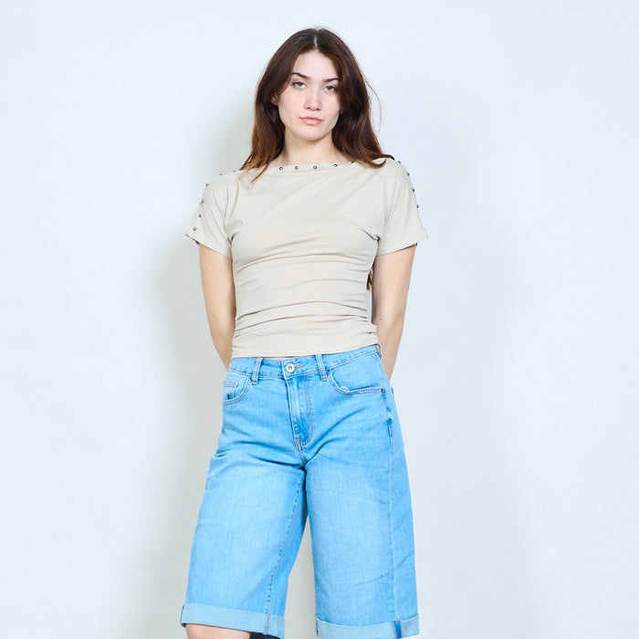 Draped neckline top with stud detail and ruched sides wholesale