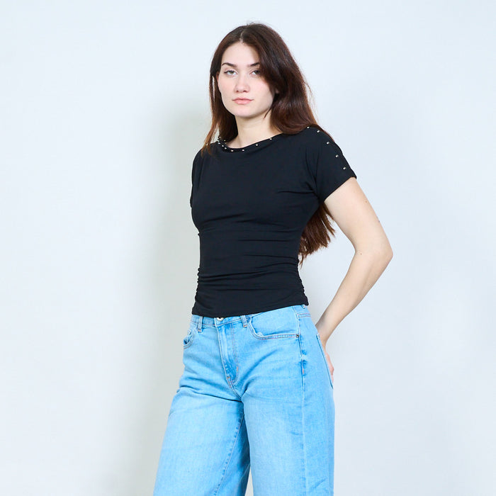 Draped neckline top with stud detail and ruched sides wholesale