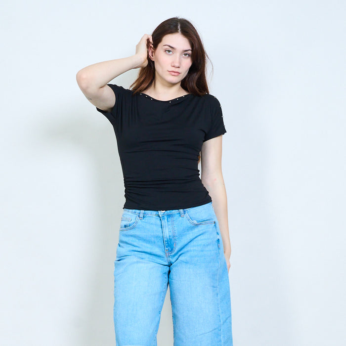 Draped neckline top with stud detail and ruched sides wholesale