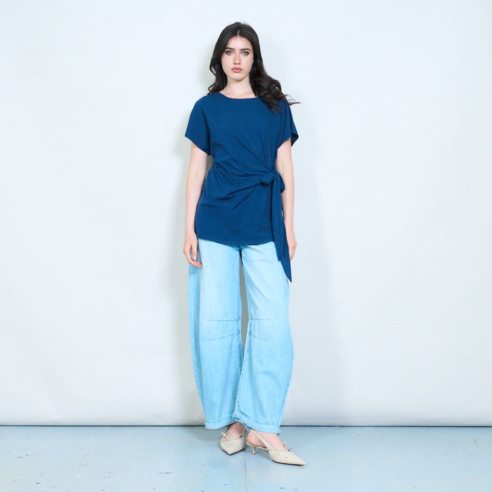 Draped side knot soft touch blouse wholesale