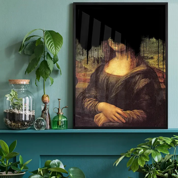 Drippy Mona Lisa Black Graffiti Print, quirky altered art print black framed on a living room shelf