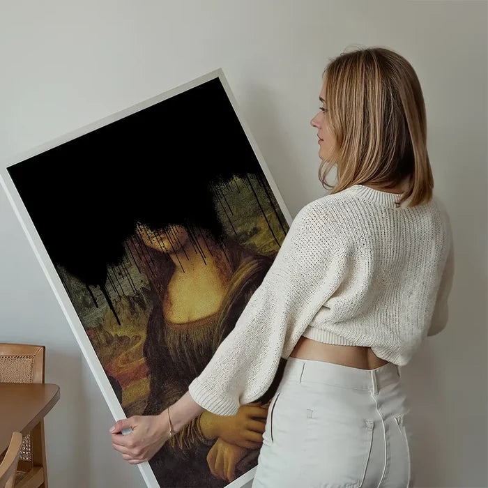 Drippy Mona Lisa Black Graffiti Print held up against a living room wall