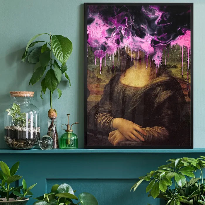 Drippy Mona Lisa Pink Gloop Print, quirky altered art print black framed on a living room shelf