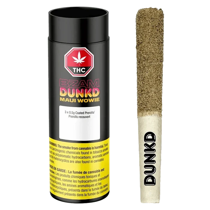 Close-up of the DUNKD Maui Wowie Infused Pre Rolled packaging, displaying a bold graphic design with prominent branding and warning text.