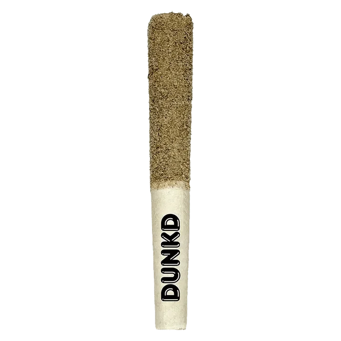 A close-up, angled view of the DUNKD Maui Wowie Infused Pre Rolled 3 x 0.5 g, showcasing its cylindrical shape against a plain white background.
