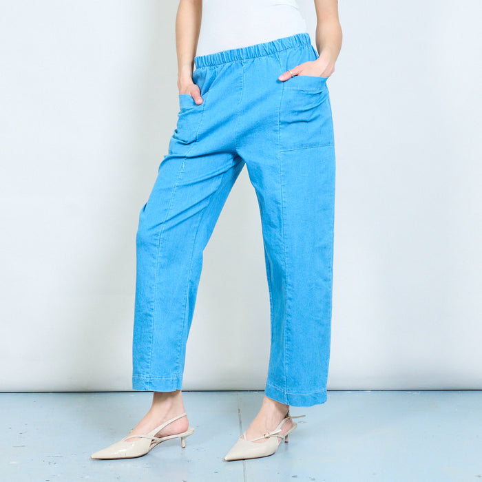 Elastic waist straight-leg denim trousers with front pocket detail wholesale