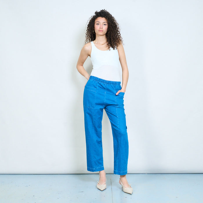 Elastic waist straight-leg denim trousers with front pocket detail wholesale