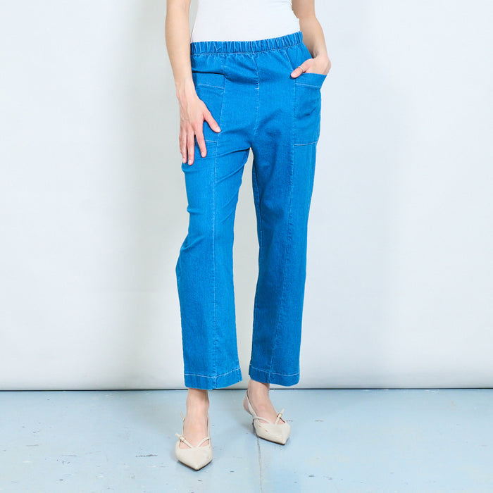 Elastic waist straight-leg denim trousers with front pocket detail wholesale