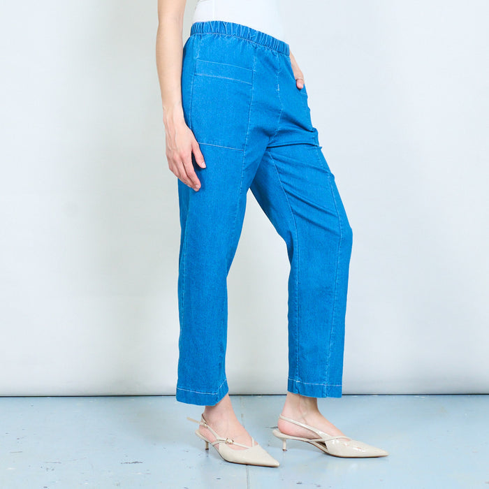 Elastic waist straight-leg denim trousers with front pocket detail wholesale
