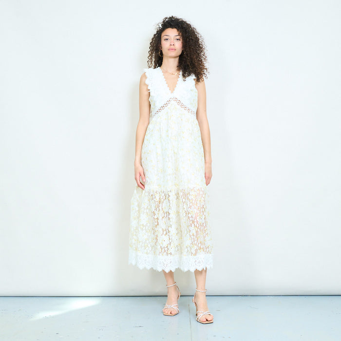Elegant ivory floral lace panel v-neck sleeveless midi dress wholesal