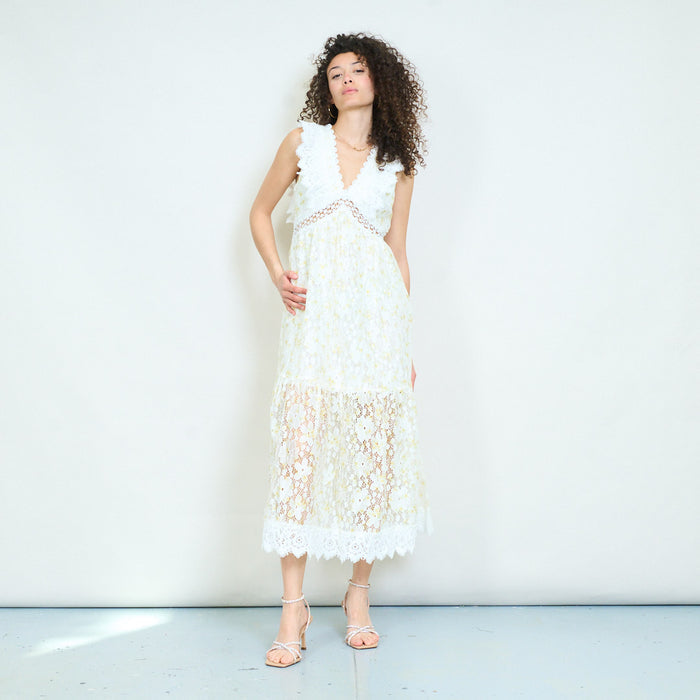 Elegant ivory floral lace panel v-neck sleeveless midi dress wholesal