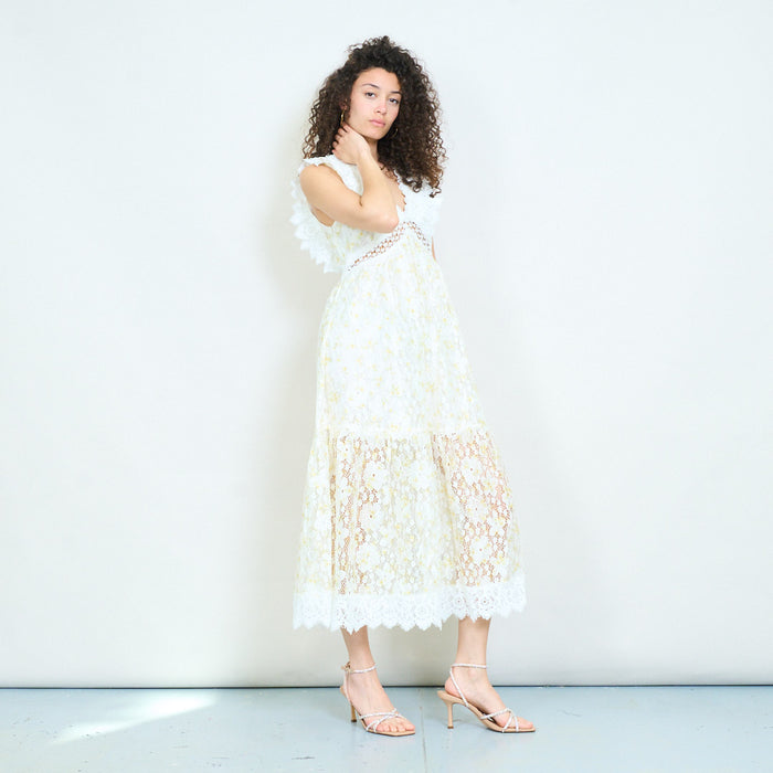 Elegant ivory floral lace panel v-neck sleeveless midi dress wholesal