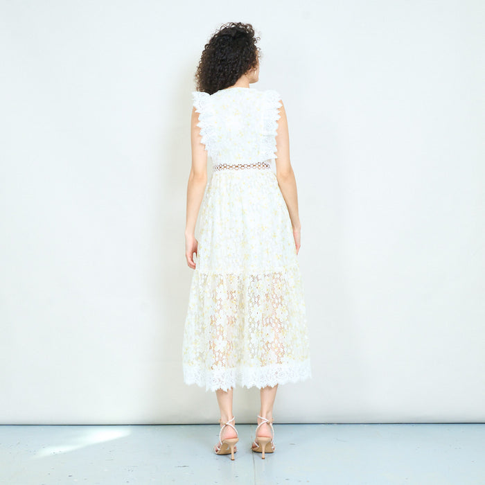 Elegant ivory floral lace panel v-neck sleeveless midi dress wholesal
