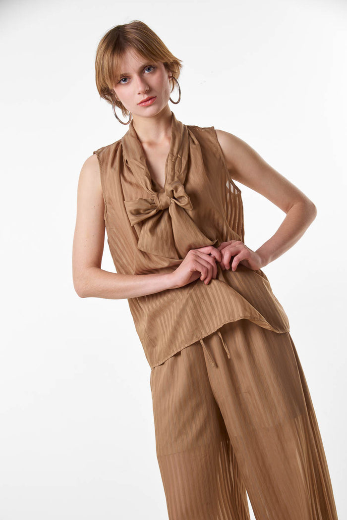 Elegant ivory sheer striped sleeveless blouse with scarf neckline wholesale