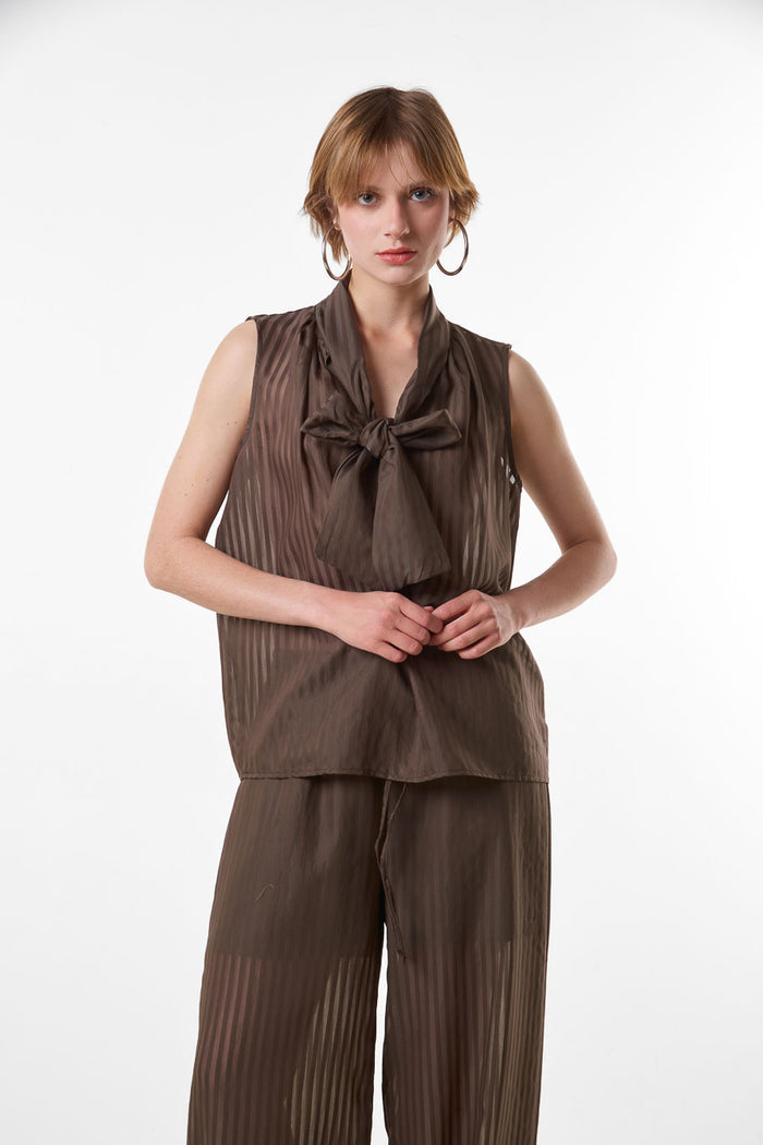 Elegant ivory sheer striped sleeveless blouse with scarf neckline wholesale
