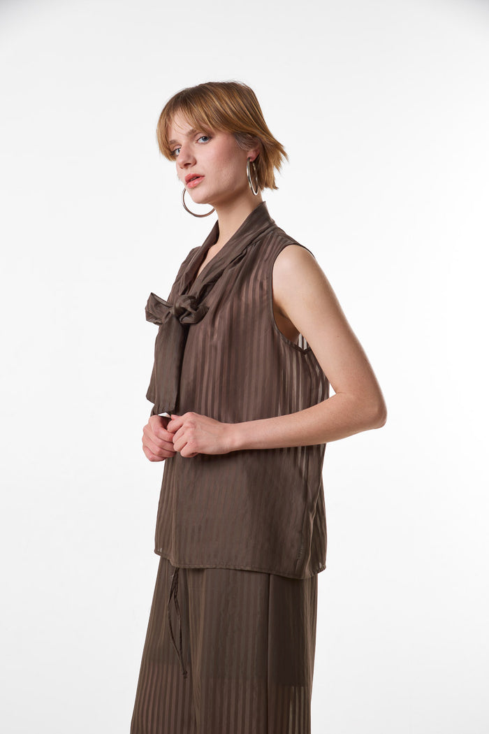 Elegant ivory sheer striped sleeveless blouse with scarf neckline wholesale