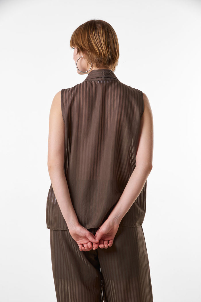 Elegant ivory sheer striped sleeveless blouse with scarf neckline wholesale