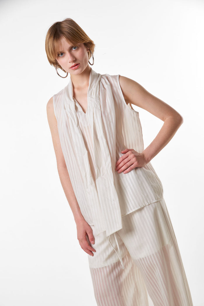 Elegant ivory sheer striped sleeveless blouse with scarf neckline wholesale