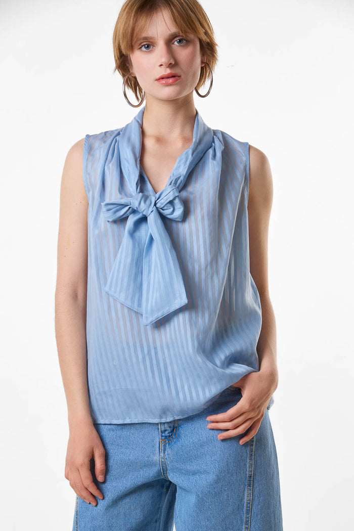 Elegant ivory sheer striped sleeveless blouse with scarf neckline wholesale