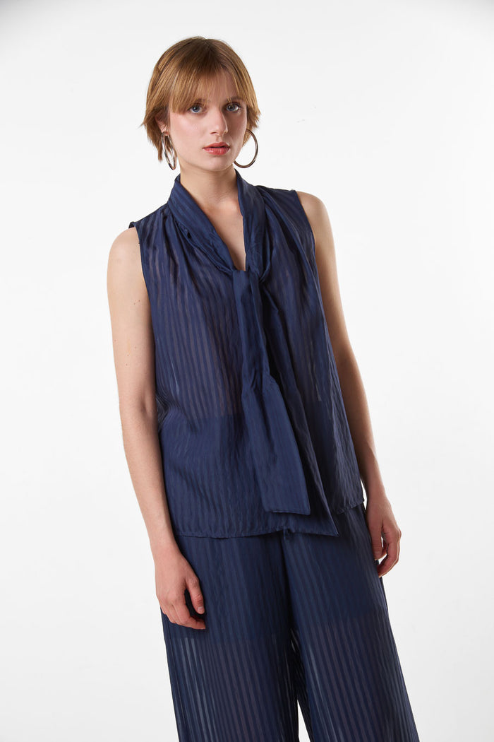 Elegant ivory sheer striped sleeveless blouse with scarf neckline wholesale