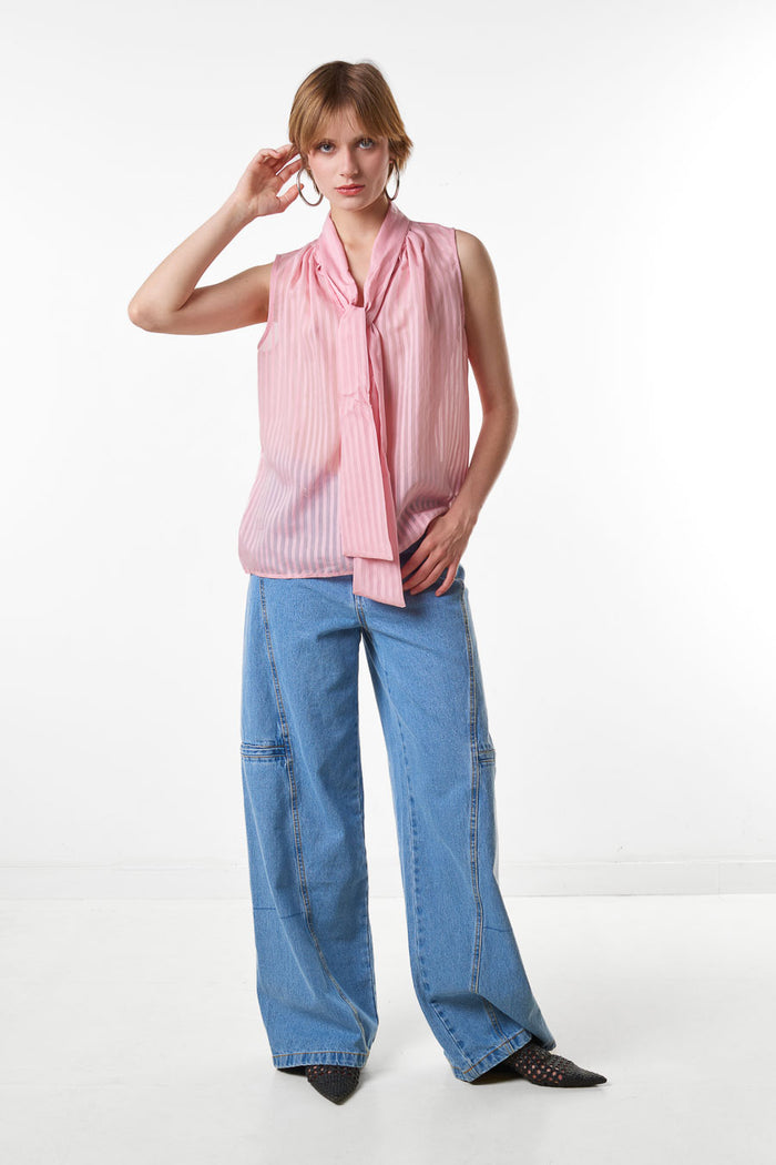 Elegant ivory sheer striped sleeveless blouse with scarf neckline wholesale