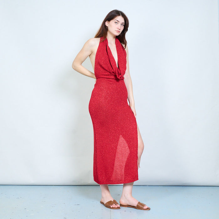 Elegant open back draped knit halter maxi dress with sheer panel detail wholesale