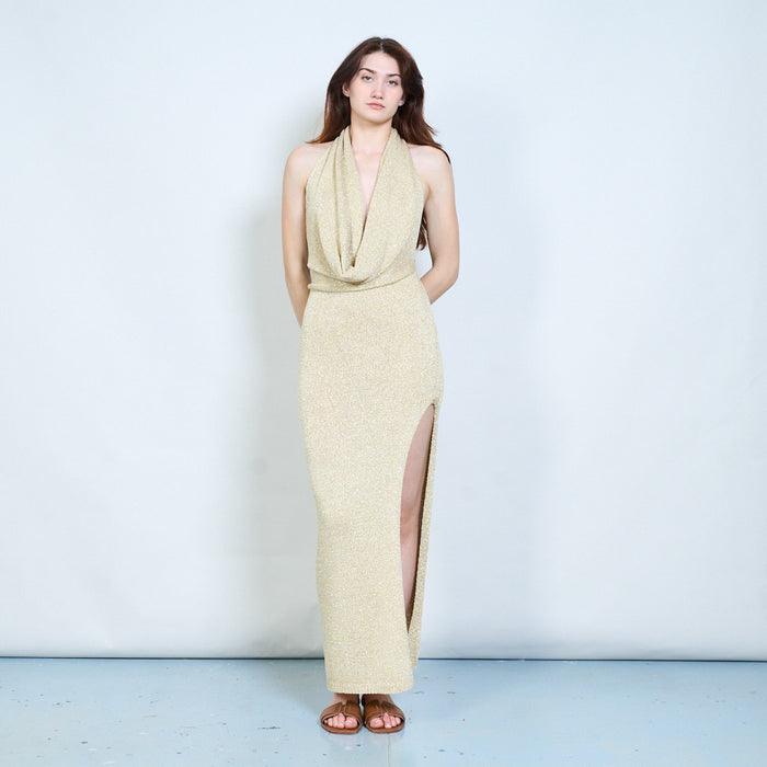 Elegant open back draped knit halter maxi dress with sheer panel detail wholesale