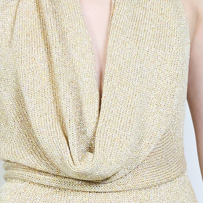 Elegant open back draped knit halter maxi dress with sheer panel detail wholesale