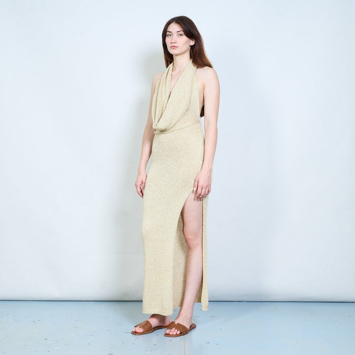 Elegant open back draped knit halter maxi dress with sheer panel detail wholesale