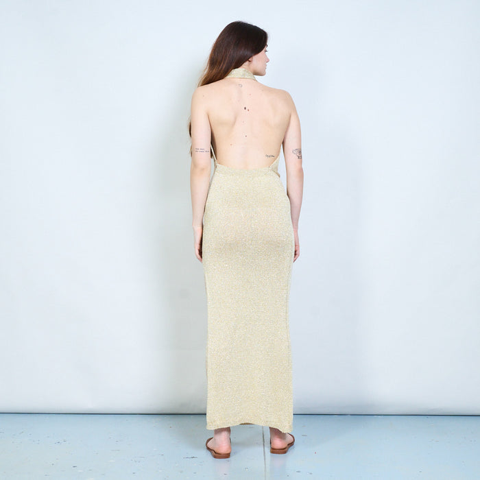Elegant open back draped knit halter maxi dress with sheer panel detail wholesale