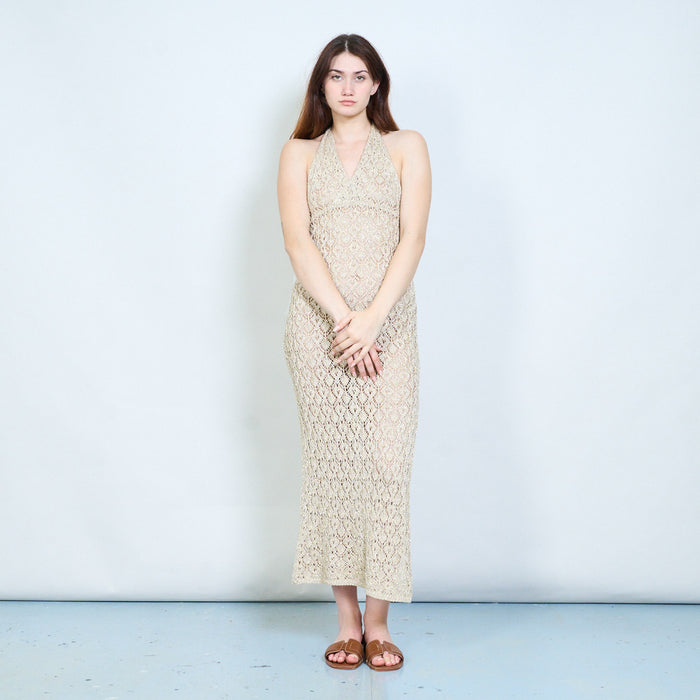 Elegant open knit halter maxi dress with textured pattern and open back detail wholesale