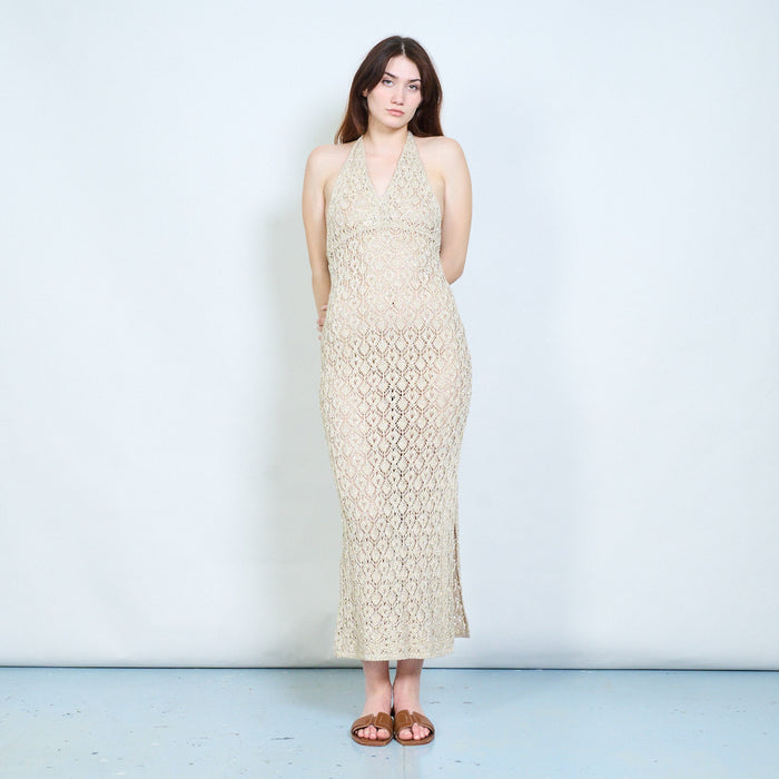 Elegant open knit halter maxi dress with textured pattern and open back detail wholesale