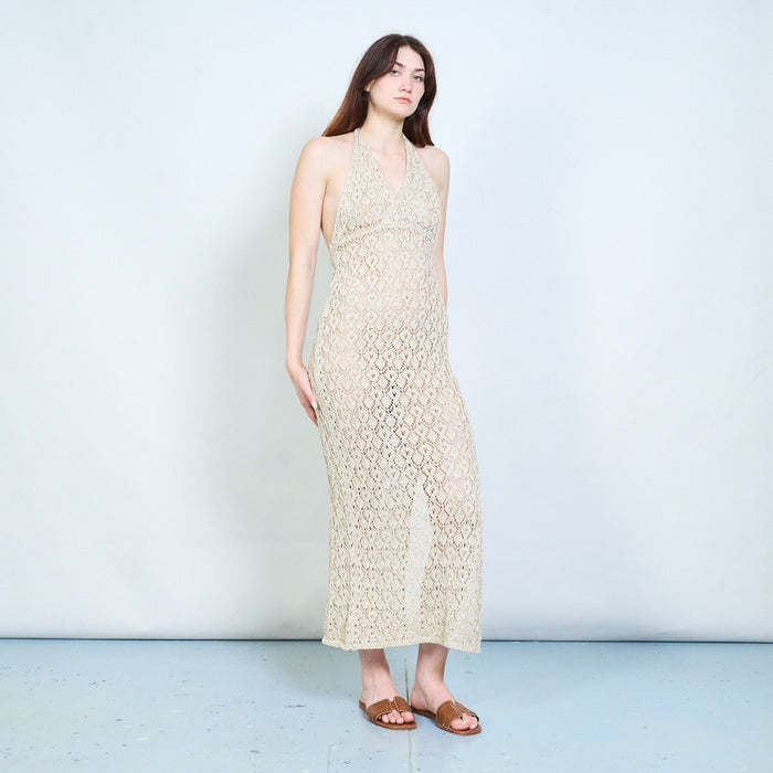 Elegant open knit halter maxi dress with textured pattern and open back detail wholesale