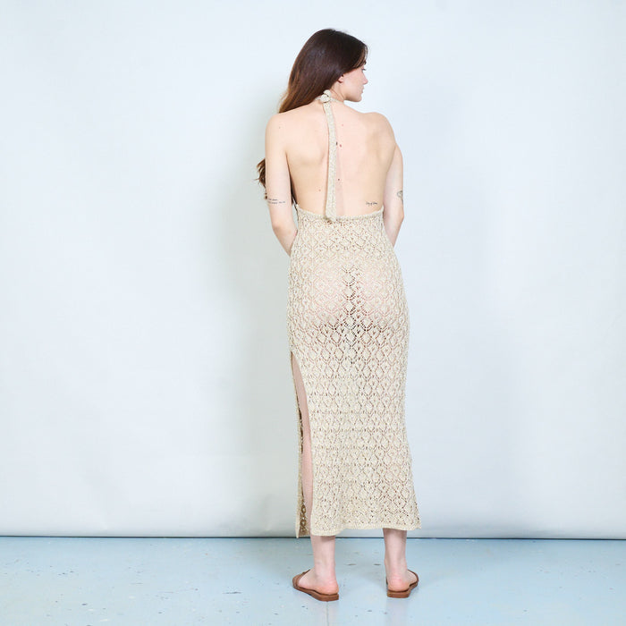 Elegant open knit halter maxi dress with textured pattern and open back detail wholesale