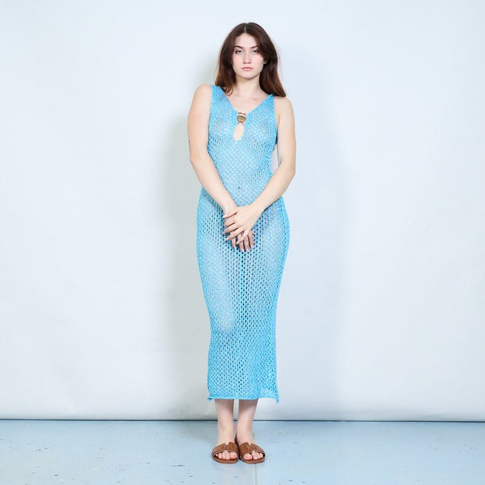 Elegant open knit sleeveless maxi dress with deep v neckline and shell detail tie closure wholesale