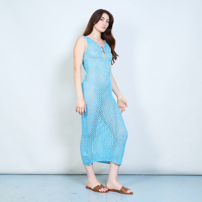 Elegant open knit sleeveless maxi dress with deep v neckline and shell detail tie closure wholesale